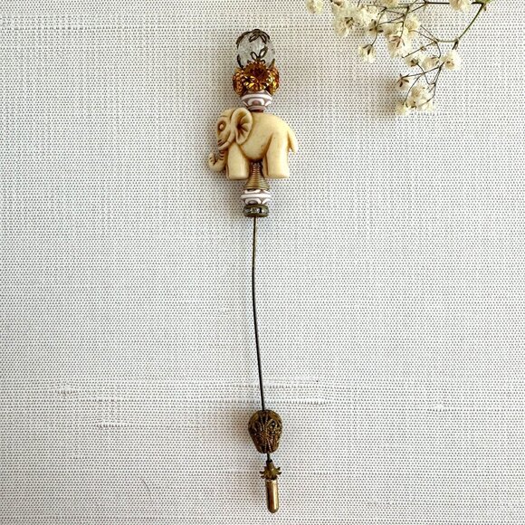 Carved Bone Elephant Hat Pin Amber Rhinestone Accent - Picture 9 of 15